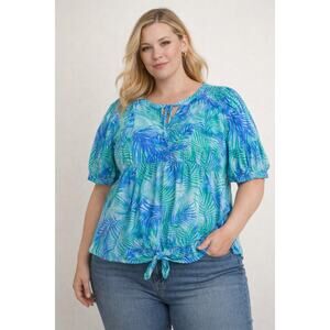 Catherines Womens 2X Blue Green Tropical Print Peasant Blouse
